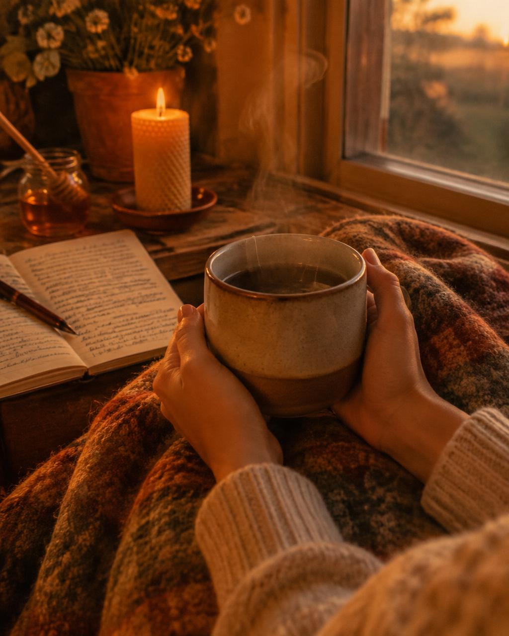 Two hands wrapped around a warm mug of tea beside a candle